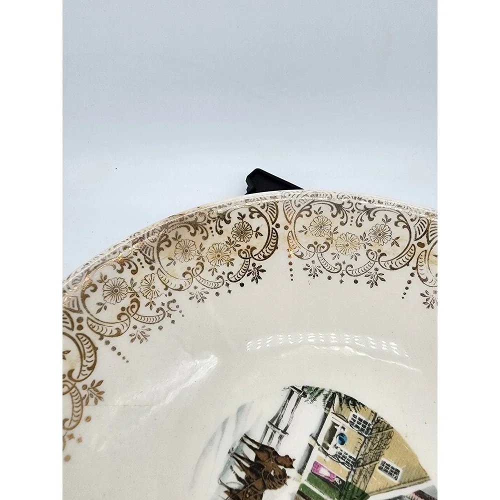 Royal Monarch Currier & Ives Winter Scene Bowl 22KT Gold Filigree Rim Vintage